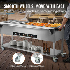 Stainless steel 5-pan electric steam table food warmer with lockable casters on a deck.