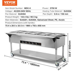 Stainless steel 5-pan electric steam table food warmer with casters and shelf.
