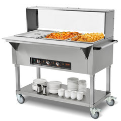 Stainless steel 3-pan electric food warmer with sneeze guard and wheels.