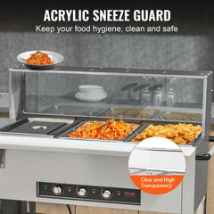 Bostome 3-pan 1500W electric food warmer with clear acrylic sneeze guard and stainless steel pans.