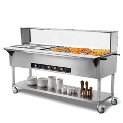 Stainless steel 5-pan electric food warmer with independent controls and acrylic sneeze guard.