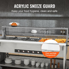 Bostome 5-pan electric food warmer with stainless steel construction and acrylic sneeze guard.