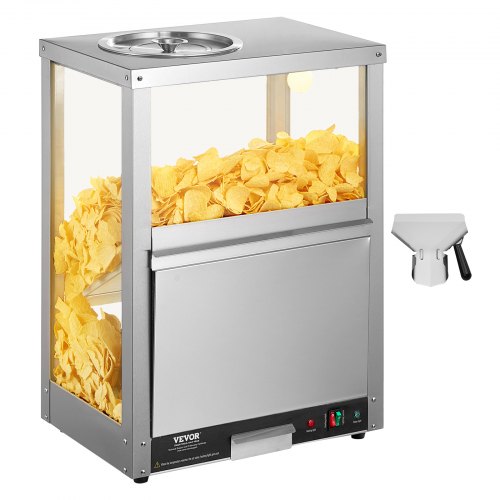 Stainless steel Bostome nacho chip warmer with 80L capacity filled with yellow chips and a scoop.