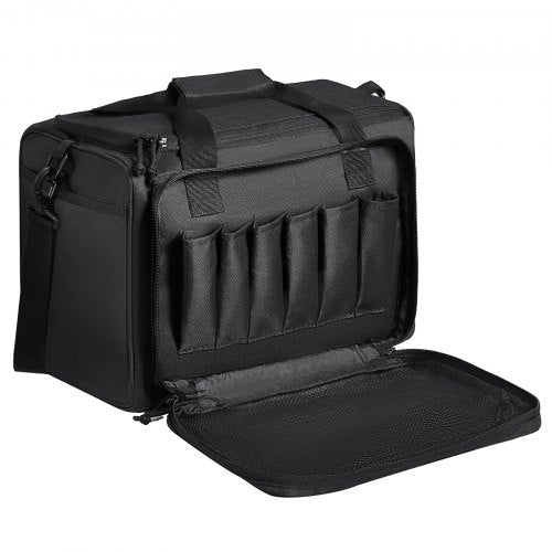 Black Bostome Tactical Gun Range Bag made of 600D polyester, holds 3 pistols and 6 magazines.