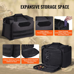 Black Bostome Tactical Gun Range Bag made of 600D polyester with multiple storage pockets.