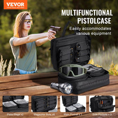 Black tactical pistol backpack with 2 pistol cases, 6 magazine slots, and gear pockets.