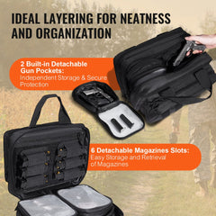 Black tactical pistol backpack with 2 pistol cases and 6 magazine slots.