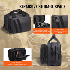 Black tactical pistol backpack with 2 pistol cases, 6 magazine slots, and multiple pockets.