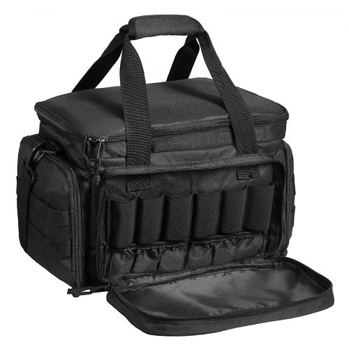 Black tactical gun range bag made of 600D polyester with space for 4 pistols and 6 magazines.