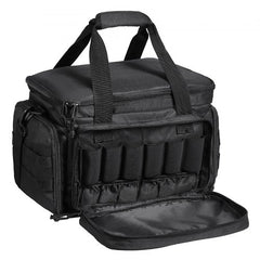 Black tactical gun range bag made of 600D polyester with space for 4 pistols and 6 magazines.