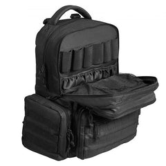 Black tactical range backpack made of 600D polyester with multiple pistol compartments.