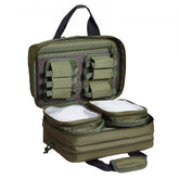 Green tactical range bag open to show two pistol pockets, magazine holders, and side compartments.