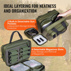 Green tactical range bag made of 600D polyester with two built-in pistol pockets and six magazine slots.