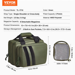 Green tactical range bag for 2 pistols, made of 600D polyester, with shoulder strap and built-in pockets.