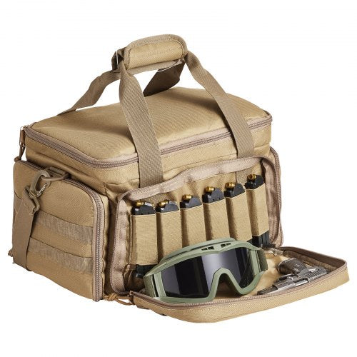 Brown tactical gun range bag made of 600D polyester with dividers for 4 pistols and magazine slots.