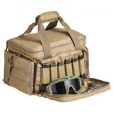 Brown tactical gun range bag made of 600D polyester with dividers for 4 pistols and magazine slots.