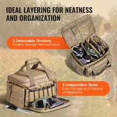 A brown tactical gun range bag is shown open with pistols, magazines, and accessories inside.