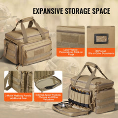 Brown tactical gun range bag with multiple compartments and Molle webbing.