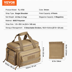 Brown tactical gun range bag made of 600D polyester, holds up to 4 pistols with dividers.