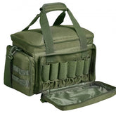 Green tactical gun range bag with compartments for 4 pistols and 6 magazines.