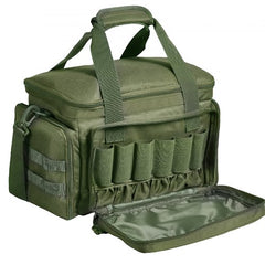 Green tactical gun range bag with compartments for 4 pistols and 6 magazines.