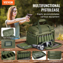 Green tactical gun range bag made of 600D polyester with space for 4 pistols and 6 magazines.