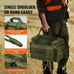 Green tactical gun range bag with compartments for 4 pistols and 6 magazines.