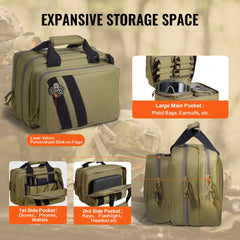 Brown tactical range bag with lockable zipper, two pistol pockets, and side storage compartments.