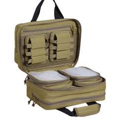 Brown tactical range bag with lockable zipper and compartments for two pistols and magazines