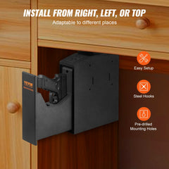 Wall mounted biometric pistol safe for secure storage of one handgun and small valuables.