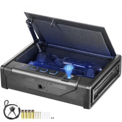 Biometric gun safe for two pistols with fingerprint, password, and key access options.