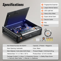 Biometric gun safe for two pistols with fingerprint, password, and key access methods.