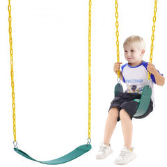 A child sits on a green heavy-duty EVA swing seat with yellow chains in a backyard playground.