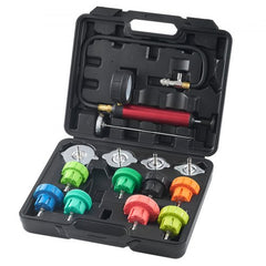 Bostome 14-piece radiator coolant pressure tester kit with hand pump, adapters, and caps.