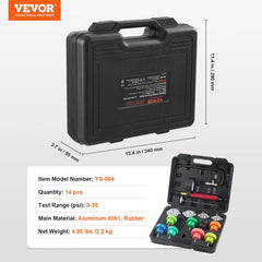 14-piece radiator coolant pressure tester kit with hand pump, adapters, and color-coded caps.