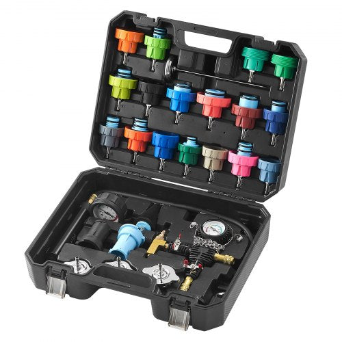 28-piece radiator pressure tester kit with adapters, hand pump, and thermometer for coolant maintenance.