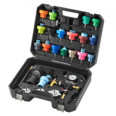 28-piece radiator pressure tester kit with adapters, hand pump, and thermometer for coolant maintenance.