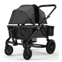 Black foldable all-terrain stroller wagon with two seats and shock-absorbing wheels.