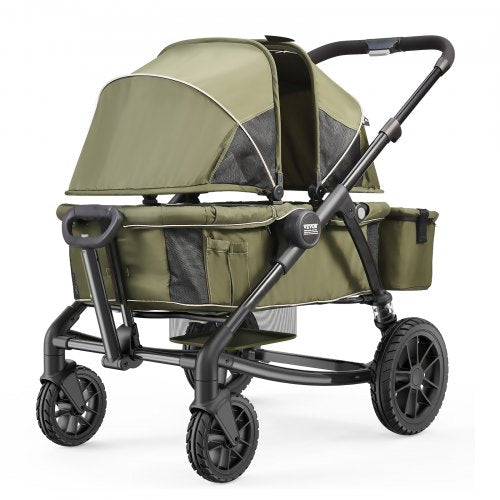Olive green all-terrain stroller wagon with two seats, canopies, and large wheels.