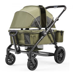 Olive green all-terrain stroller wagon with two seats, canopies, and large wheels.
