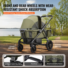 Olive green two-seat stroller wagon with canopy, large wheels, and storage basket underneath.