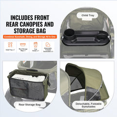 Olive green all-terrain 2-seat stroller wagon with front/rear canopies, child tray, cup holders, and storage bag.