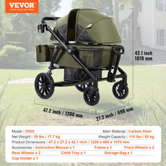 Olive green all-terrain 2-seat stroller wagon with canopy, storage, and 55lbs capacity.