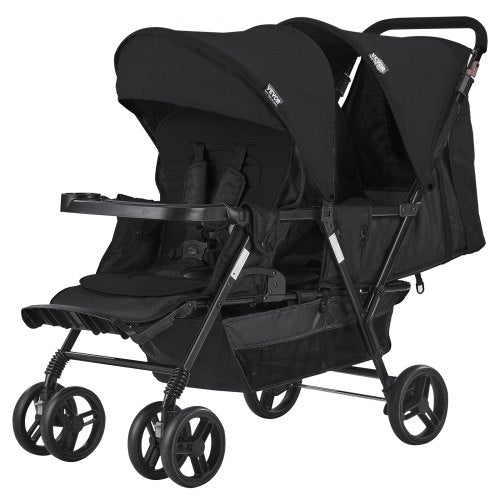 Black foldable twin tandem stroller with adjustable canopies and storage features.