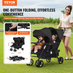 Black foldable Bostome twin tandem double stroller with adjustable canopies and storage bag.