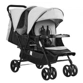 Gray and black lightweight twin tandem double stroller with adjustable seats and canopies.