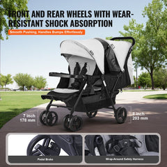 Gray and black Bostome lightweight twin tandem double stroller with adjustable seats and canopies.