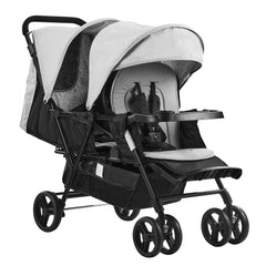 Gray and black lightweight twin tandem double stroller with adjustable seats and canopies.