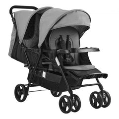 Gray foldable lightweight tandem double stroller for twins with canopies and tray.