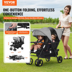 Dark gray foldable lightweight tandem double stroller with two seats and canopy.